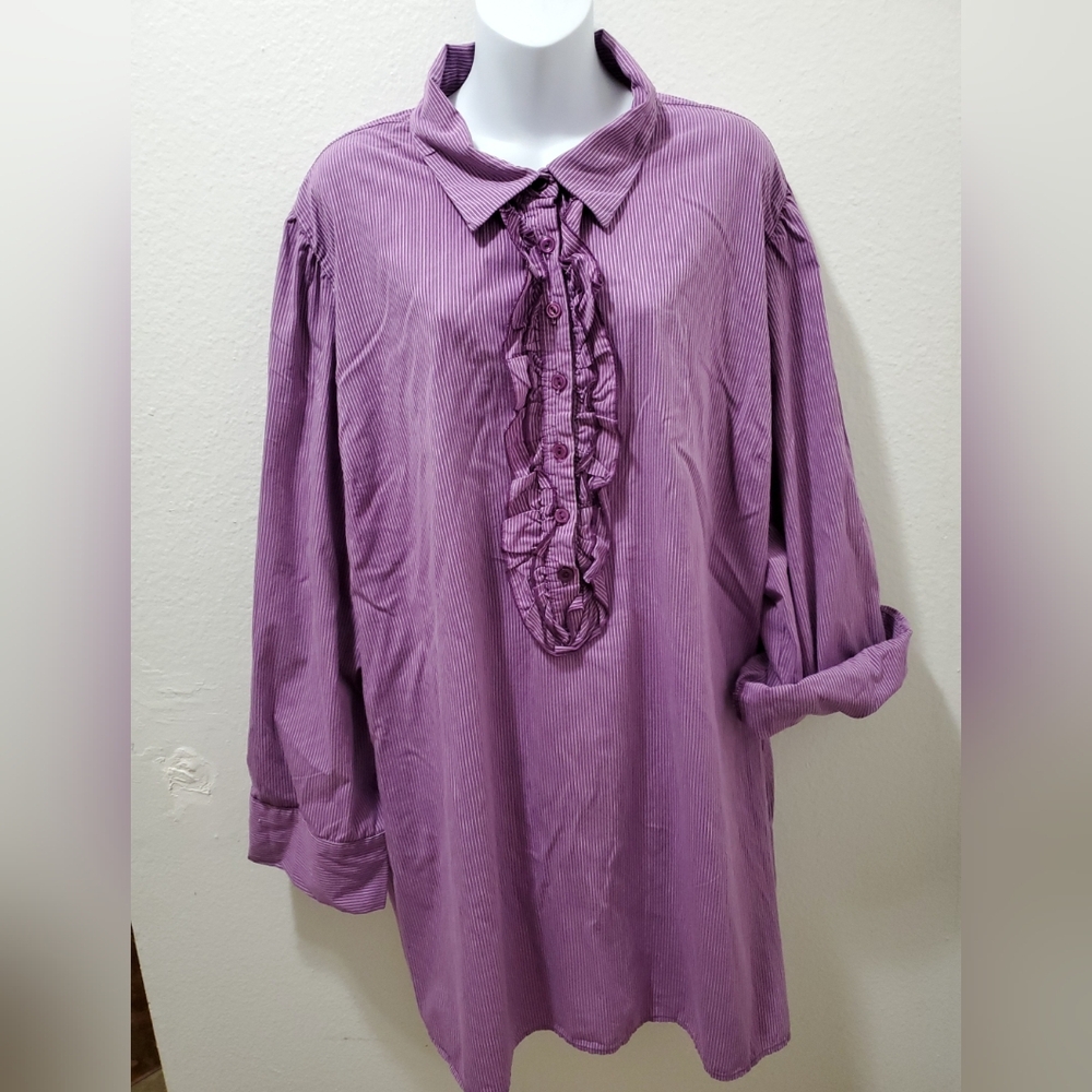 Lane Bryant women's tunic size 2XL color purple and white, stripes, roll sleeves
